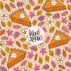 May include: A repeating pattern featuring slices of pumpkin pie topped with whipped cream, interspersed with colourful leaves and flowers in shades of orange, pink, yellow, and purple. The design is set against a light peach background.