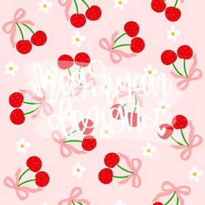 May include: A pink background with a repeating pattern of red cherries with green stems and pink bows. The text "Merry & Bright" is written in white cursive across the image.
