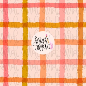 May include: A digital design featuring a plaid pattern in shades of orange, pink, and gold on a light peach background. The design includes the text "Meg Ryan Designs" in a circular logo.