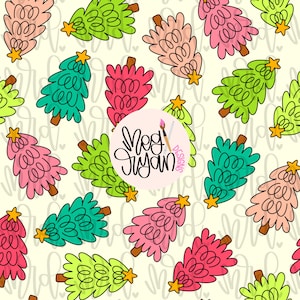 May include: A repeating pattern of whimsical Christmas trees in shades of pink, green, and teal, each topped with a gold star. The trees have brown trunks and are set against a cream-colored background with a subtle, repeating design. The image includes the text "Meg Jryan Designs".