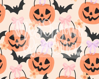 Halloween Pumpkin Buckets | Halloween Pattern | Seamless Pattern | Repeat Pattern | Pastel Halloween | Bow Pattern | Pumpkin Pattern | PNG