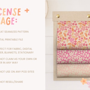 K&ouml;nnte beinhalten: Eine digitale Illustration eines Blumenmusters mit rosa, orangefarbenen und wei&szlig;en Blumen und Bl&auml;ttern. Das Bild enth&auml;lt Text, der "LICENSE + USAGE:" lautet und Folgendes auflistet: "REPEAT SEAMLESS PATTERN", "DIGITAL PRINTABLE FILE", "PERFECT FOR FABRIC, DIGITAL PAPER, BLANKETS, STATIONARY", "DO NOT CLAIM AS YOUR OWN OR ALTER IN ANY WAY", "DO NOT USE ON ANY POD SITES", "DO NOT RESELL/SHARE" und "Meg Ryan Designs".