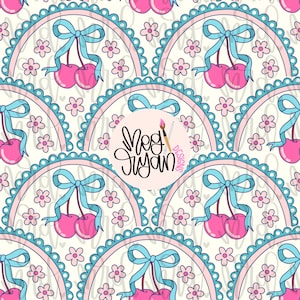 May include: A seamless pattern featuring pink and blue cherries with blue bows, surrounded by pink and blue scalloped circles and white flowers on a white background. The pattern includes the text "Meg Jusyam Designs".