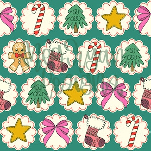 May include: A teal green background with white scalloped circles containing various Christmas themed illustrations. The illustrations include a candy cane, a stocking, a gingerbread man, a star, a bow, and a Christmas tree.