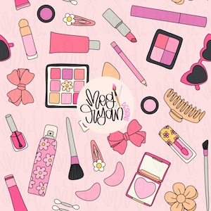 May include: A pink and white seamless pattern featuring various makeup and beauty items, including lipstick, eyeshadow palettes, blush, nail polish, hair clips, and a comb. The pattern also includes a logo for "Meg Jusyam Designs".
