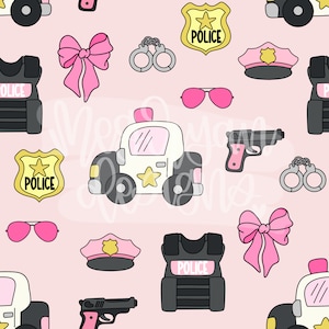 以下が含まれることがあります： ピンクと白のシームレスなパターンで、パトカー、警察のバッジ、手錠、銃、警察の帽子、防弾チョッキ、サングラス、ピンクのリボンが描かれています。このパターンは、生地、壁紙、包装紙に最適です。