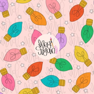 May include: A repeating pattern of colorful cartoon light bulbs and white stars on a light pink background. The light bulbs are in various colors, including pink, orange, green, blue, yellow, and purple. The text "Meg Ryan Designs" is in a circle.