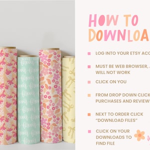 K&ouml;nnte beinhalten: F&uuml;nf Rollen gemustertes Geschenkpapier mit verschiedenen Designs. Die Designs beinhalten rosa und orangefarbene Erdbeeren, rosa und orangefarbene Blumen und einen hellblauen Hintergrund mit dem Wort "forever" in wei&szlig;. Der Text "HOW TO DOWNLOAD" ist in rosa und orangefarbenen Buchstaben geschrieben. Der Text darunter enth&auml;lt Anweisungen zum Herunterladen digitaler Dateien von Etsy.