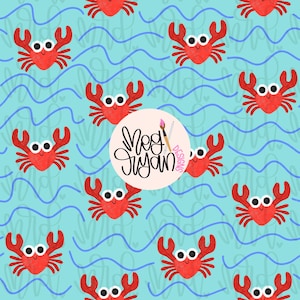 May include: Seamless pattern featuring red crabs with white eyes and smiling mouths on a light blue background with blue wavy lines. The pattern includes the text "Meg Jusyam Designs".
