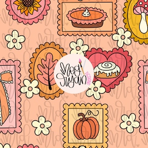 May include: A repeating pattern featuring fall-themed illustrations. The design includes a pumpkin, pie, leaf, and cinnamon roll, all framed in decorative borders. The background is a soft peach color with a handwritten script overlay.