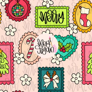 May include: A repeating pattern featuring Christmas-themed illustrations. The design includes a green Christmas tree, a candy cane, a heart with holly, a reindeer with a bow, and a disco ball ornament. The word "MERRY" is also featured. The background is light pink.