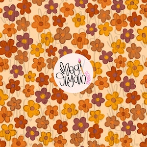 May include: A repeating pattern of stylized flowers in shades of orange, yellow, and brown on a light beige background. The flowers have a retro aesthetic. A circular logo with the text "Meg Jiyan Designs" is in the centre.