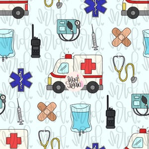 May include: A seamless pattern featuring various medical and first aid icons, including an ambulance, a stethoscope, a bandage, a syringe, a blood pressure cuff, a first aid kit, a walkie-talkie, and a star of life. The background is light blue.