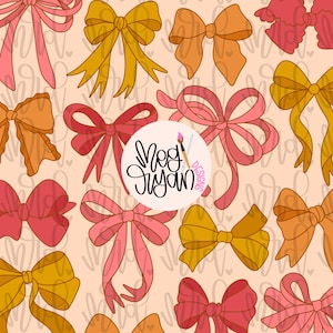 May include: A repeating pattern of stylized bows in shades of pink, orange, and gold on a light peach background. The bows vary in size and style, with long flowing ribbons. The design includes the text "Meg Ryan Designs" in a circular logo.