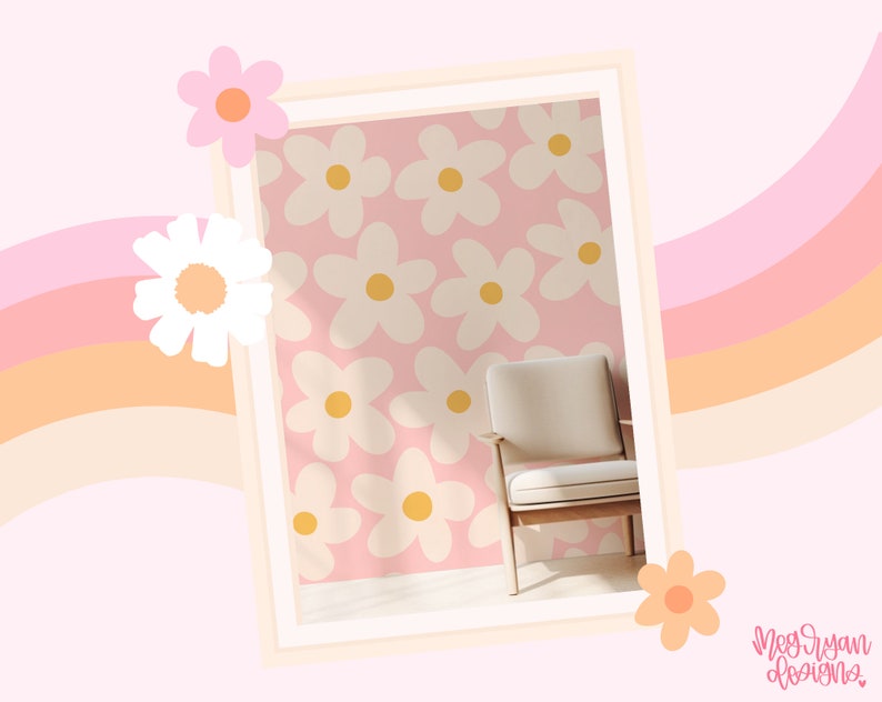 K&ouml;nnte beinhalten: Eine rosa Wand mit einem wei&szlig;en G&auml;nsebl&uuml;mchenmuster, ein wei&szlig;er Stuhl mit Holzbeinen und ein regenbogenfarbener Hintergrund mit dem Text "Meg Ryan Designs".