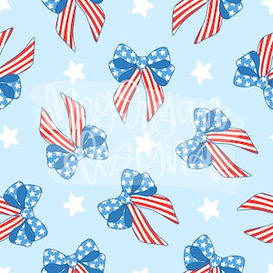 May include: A seamless pattern featuring red, white, and blue bows with stars on a light blue background. The bows are arranged in a repeating pattern, creating a festive and patriotic design.