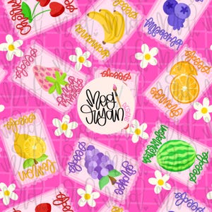 May include: A pink background with colorful seed packets featuring various fruits and vegetables. The packets have a white border and the words "seeds" and "goodness" are printed on them. The fruits and vegetables include watermelon, blueberries, lemons, grapes, oranges, and strawberries.