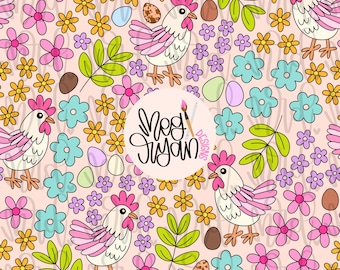 Chicken Pattern | Farm Pattern | Seamless Pattern | Repeat Pattern | Dainty Pattern | Preppy Fabric Design | Floral Pattern | Chicken Lover