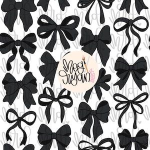 May include: A seamless pattern featuring black bows of various sizes and shapes on a white background. The bows are arranged in a random pattern, creating a playful and festive design.