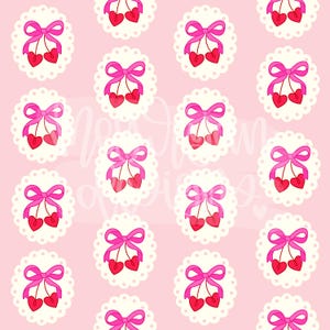 May include: A pink and white seamless pattern featuring pink bows and red cherries with white outlines. The cherries are in pairs and are connected by a stem. The bows are tied around the stems. The pattern is repeated throughout the image.