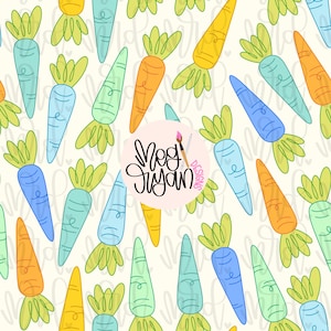May include: A seamless pattern featuring colorful carrots with green tops on a white background. The carrots are in various shades of blue, green, orange, and yellow.