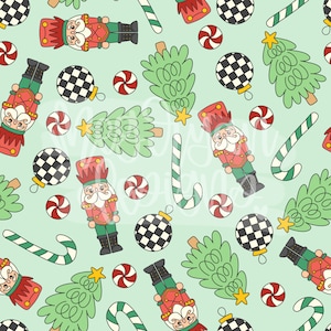 May include: A seamless pattern featuring nutcracker soldiers, candy canes, peppermint candies, and Christmas trees on a light green background.