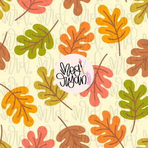 May include: A seamless pattern featuring stylized autumn leaves in shades of orange, brown, green, and yellow on a cream background. The leaves are scattered across the surface. A circular logo with the text "Meg Ryan Designs" is in the center.