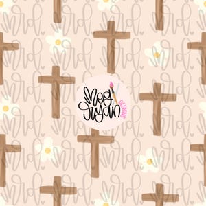 May include: A seamless pattern featuring brown wooden crosses and white daisies on a light pink background. The pattern is perfect for crafting projects, scrapbooking, and digital design.