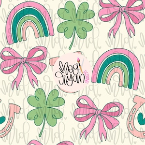 May include: A repeating pattern featuring rainbows, bows, shamrocks, and horseshoes in shades of pink, green, and teal on a cream background. The design includes the text "Meg Ryan Designs" in a circular logo.
