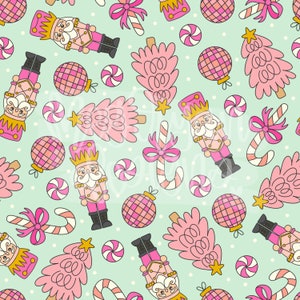 May include: A seamless pattern featuring pink and gold nutcracker soldiers, candy canes, Christmas trees, and ornaments on a light blue background with white polka dots.