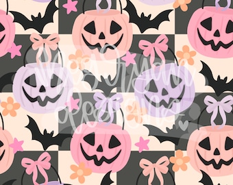 Vintage Checkered Halloween Pumpkin Pails | Halloween Pattern | Seamless Pattern | Repeat Pattern | Pastel Halloween | Pumpkin Buckets | PNG
