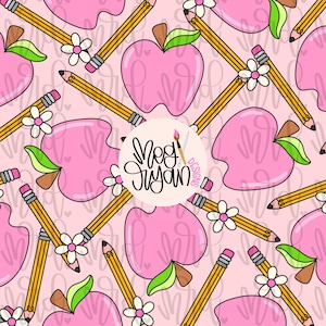May include: A pink background with a repeating pattern of pink apples, yellow pencils, and white flowers. The apples have green leaves and brown stems. The pencils have pink erasers. The design includes the text "Meg Ryan Designs".