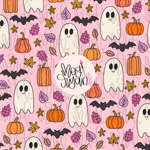 May include: A pink Halloween-themed pattern featuring cartoon ghosts, orange pumpkins, black bats, and colorful leaves. The design includes stars and the text "Meg Ryan Designs" in a circular logo.