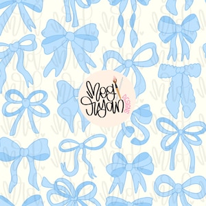 ブルーコケットパターン | リボンパターン | シームレスパターン | リピートパターン | 繊細なパターン | プレッピーな生地デザイン | 即時ダウンロード | リボン