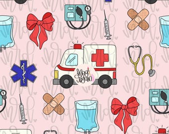 Pink EMT Pattern | EMT Wife | Pink Coquette Pattern | Bow Pattern | Seamless Pattern | Repeat Pattern | Preppy Fabric | First Responder PNG