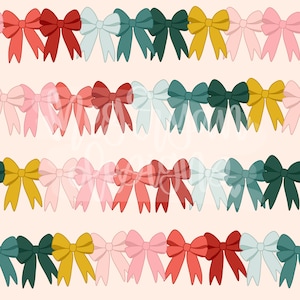 Könnte beinhalten: Ein sich wiederholendes Muster aus bunten Schleifen in verschiedenen Schattierungen von Rot, Rosa, Blau, Grün und Gelb. Die Schleifen sind in Reihen angeordnet und erzeugen ein festliches und fröhliches Design.