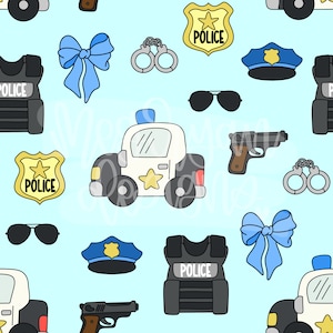 May include: A seamless pattern featuring a variety of police-themed illustrations, including a police car, a badge, handcuffs, a gun, sunglasses, a police hat, a bulletproof vest, and a blue bow. The background is light blue.