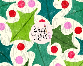 Holly Pattern | Christmas Pattern | Winter Pattern | Seamless Pattern | Repeat Pattern | Coquette Pattern | Preppy Fabric Design | Bright