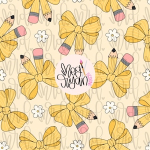 May include: A seamless pattern featuring yellow bows with black outlines, pencils with pink erasers, and white flowers on a light yellow background. The text "Meg Jusyam Designs" is in a circle in the center of the pattern.