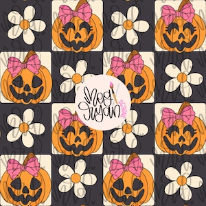 May include: A repeating pattern featuring orange pumpkins with pink bows, white daisies, and a dark gray background. The pumpkins have smiling faces. The design includes the text "Meg Ryan Designs".