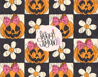 Modello di zucche di Halloween / Modello di Halloween / Modello senza cuciture / Modello ripetuto / Halloween pastello / Modello con fiocco / Modello di zucca / PNG