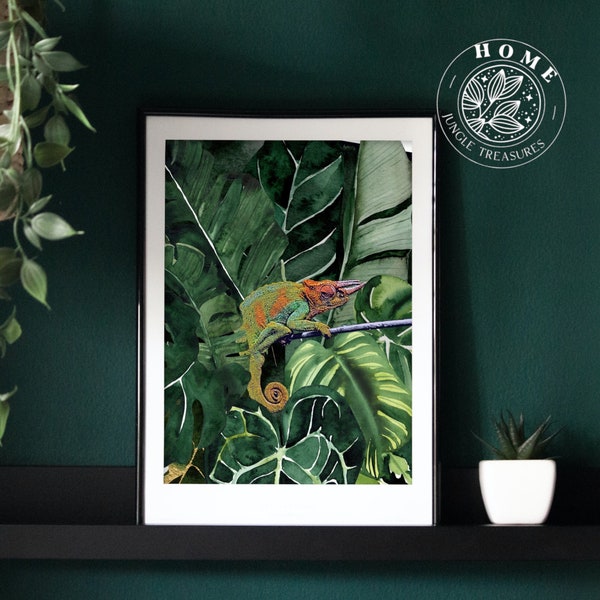 Chameleon reptile decor artwork | Tropical art print poster for Boho living room | Perfect gift for reptile lover or gift for a veterinarian