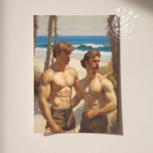 May include: Two men stand on a beach with palm trees in the background. The men are shirtless and wearing shorts. The ocean is in the background with waves crashing on the shore.