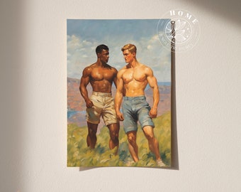 Poster "The Hike", vintage muscular male body art, muscle men printed wall art, male queer and gay art print as perfect gift, LGBTQ art