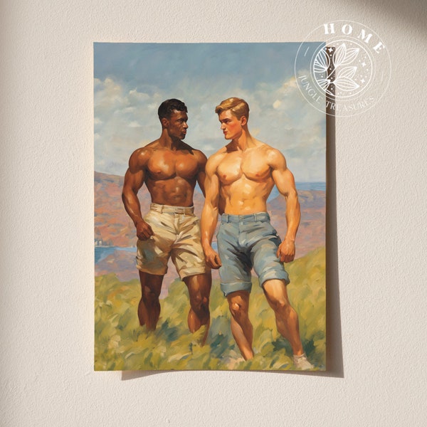 Poster "The Hike", vintage muscular male body art, muscle men printed wall art, male queer and gay art print as perfect gift, LGBTQ art