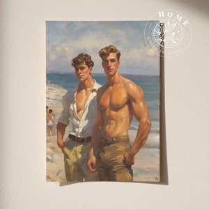 Poster &quot;The Beach&quot;, vintage muscular male body art, muscle men printed wall art, male queer and gay art print as perfect gift, LGBTQ art
