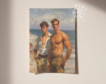 Poster "The Beach", vintage muskulös manlig kroppskonst, tryckt väggkonst med muskelmän, manlig queer och gay konsttryck som perfekt present, HBTQ-konst