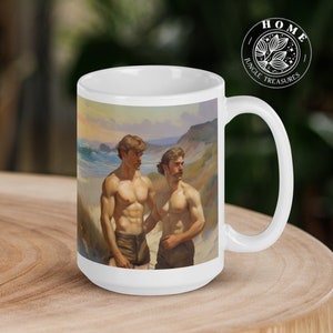 Studs by the beach coffee mug, 15oz large ceramic cup, perfect gift for gay friend or valentines gift, impressionist painting muscle tea mug