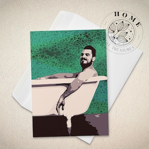 Carte de voeux homme dans une baignoire, carte postale popart queer amusante avec enveloppe, impression de salle de bain gay parfaite pour offrir, art LGBTQ et fierté, oeuvre d'art mec sexy