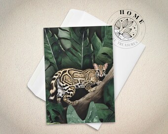 Biglietto d'auguri Ocelot, cartolina con opere d'arte della foresta pluviale con busta, perfetta per i fan dei grandi felini, vibrazioni dell'isola esotica, tema compleanno giungla